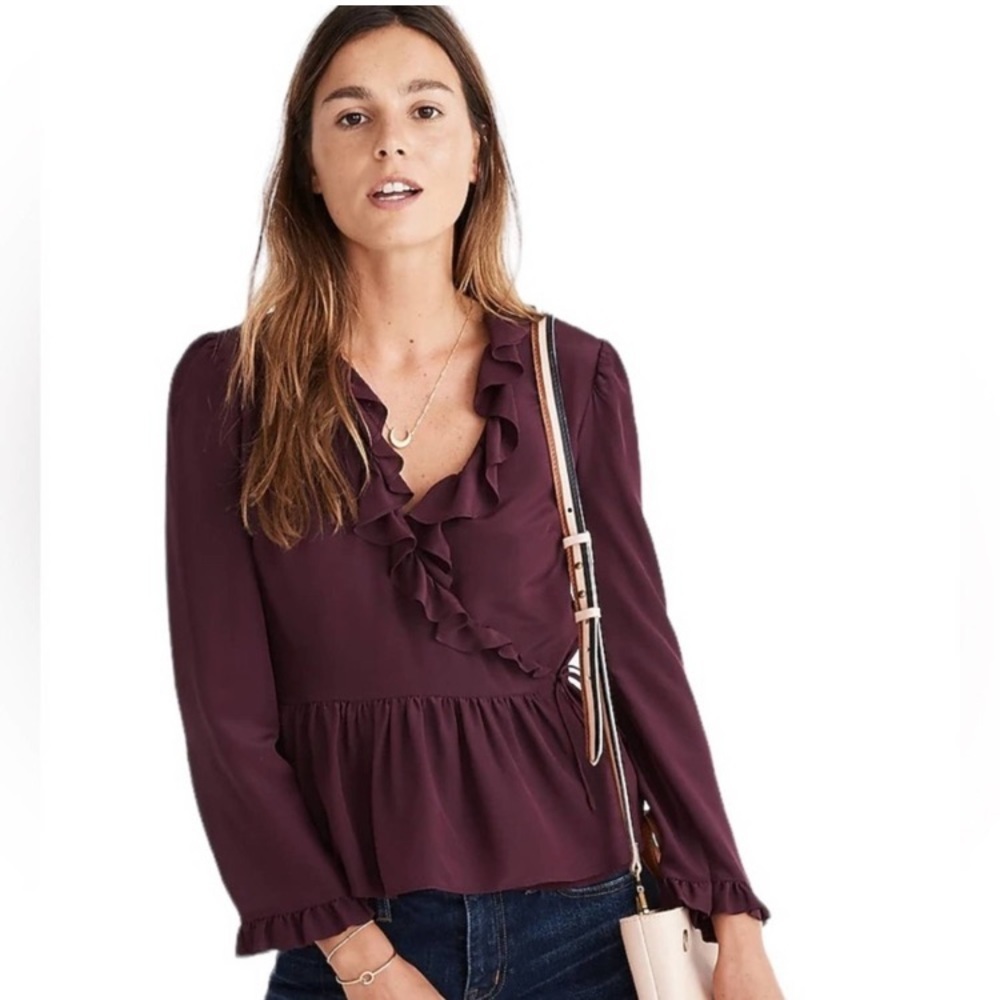 Madewell 100% Silk Ruffle Wrap Blouse Burgundy Plum XXL